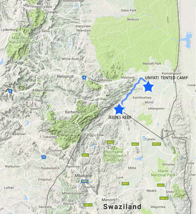Du Poste frontière du Swaziland au Camp Unyati – 45 min environ.